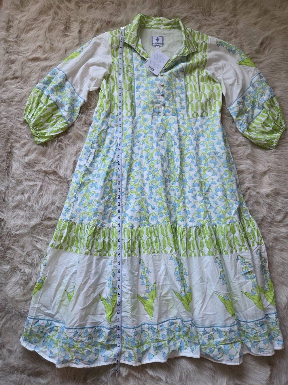 Sue Sartor Boho Floral Midi Dress in Green & Blue Missing  The Belt